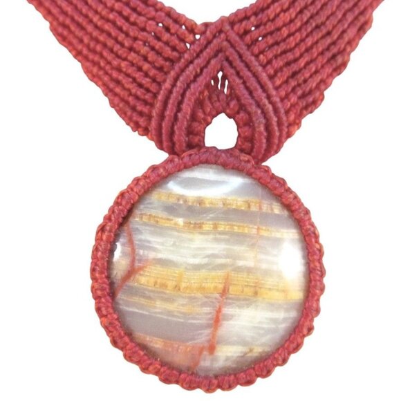Handcrafted Burgundy Macrame Necklace with Natural Stone Pendant - Picture 2 of 11